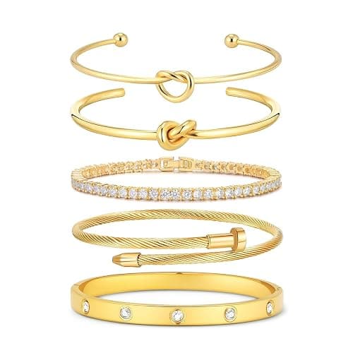 FAFUGA 18 K Gold Plated Love Bangle Bracelet Stack Cuff Jewelry for Women Jewelry Set for Women Gift with Box - Image 1