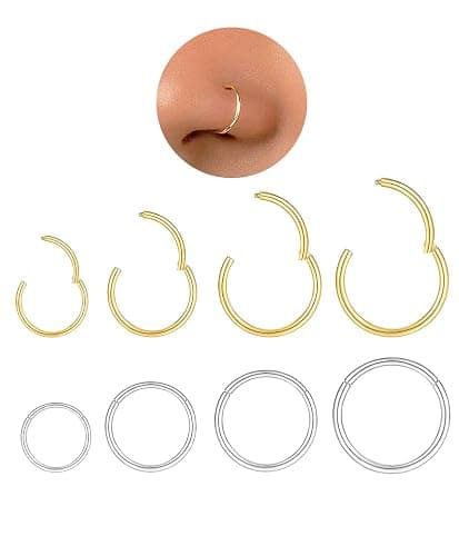 Hypoallergenic Nose Rings Hoops Set for Women Men: 8Pcs 18G Gold/Silver 316L Surgical Stainless Steel Nose Hoops Hinged Clicker Septum Rings for Nose Cartilage Body Piercing Jewelry 6mm 8mm 10mm 12mm - Image 1