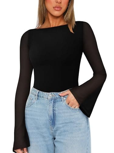 REORIA Women's Trendy Sexy Boat Neck Bell Sleeve Sheer Mesh Going Out Bodysuit Tops - Image 1
