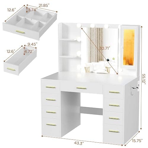 ERLEJIA Vanity Desk with Mirror and Lights, Large 43" White Makeup Vanity Desk with 9 Drawers and Power Outlet, 3 Open Shelves and 1 RGB Lighting Cabinet, White and Gold thumbnail 2
