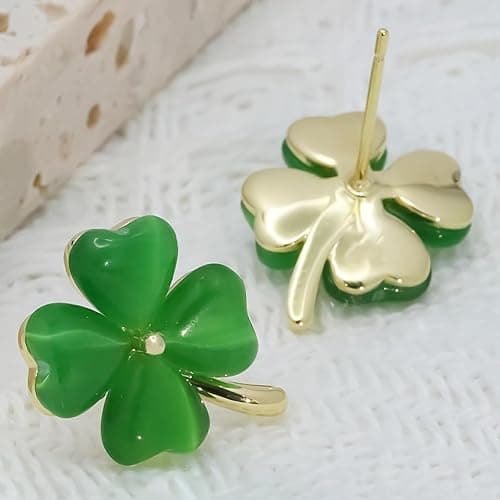 St Patricks Day Earrings for Women, Trendy Statement Four Leaf Clover Shamrock Earrings Stud, St Patricks Day Outfits & Shirt Accessories for Women thumbnail 7
