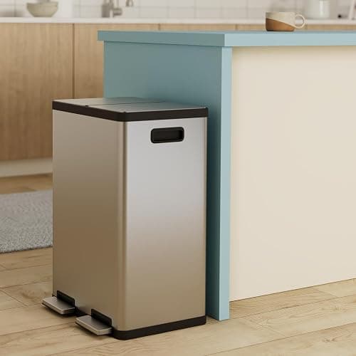 SIMPLI-MAGIC 60 Liter / 16 Gallon Rectangular Hands-Free Dual Compartment Recycling Kitchen Step Trash Can with Soft-Close Lid, Brushed Stainless Steel thumbnail 2
