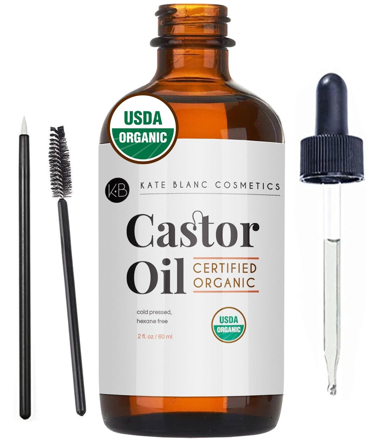 USDA Organic Castor Oil, Pure Cold Pressed, Hexane Free, from Kate Blanc - Stimulate Growth for Eyelashes, Eyebrows, and Hair. Smooth Face and Skin - with Treatment Starter Kit - 1-Year Guarantee - Image 1