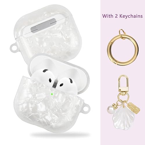AIIEKZ Compatible with AirPods 4 Case Cover 2024,Soft TPU with Shell Pattern for AirPods 4th Generation Case with Pearl Shell Keychain and Cleaning Kit for Girls Women (White) thumbnail 2