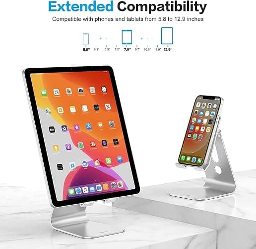 OMOTON Adjustable Tablet Stand for Desk, Upgraded Longer Arms for Greater Stability, T2 Tablet Holder with Hollow Design for Bigger Sized Phones and Tablets Such as iPad Pro/Air/Mini, Silver thumbnail 6