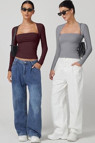 QINSEN Long Sleeve Square Neck Tops for Women Double Lined Side Ruching Going Out Shirts Basic Tee thumbnail 6