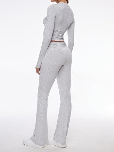 AnotherChill Women's 2 Piece Lounge Sets Fold-over Flare Pants Set Long Sleeve Cropped Top Casual Outfits Pajamas thumbnail 3