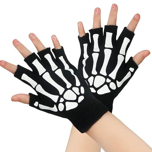 Tatuo 3 Pairs Skeleton Fingerless Glove Glow in the Dark Glove for Kid Adult Halloween(Large) thumbnail 3