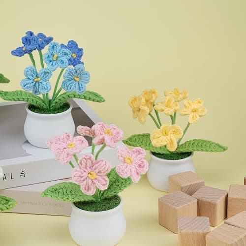 Blync Knitting Crochet Flowers Potted Plants, Fake Forget Me Not Flowers for Friends, Family and Lover, Artificial Handmade Flowers for Birthday Wedding Gift and Home Decor (Gblue) thumbnail 6