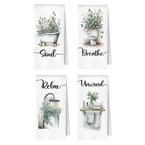 ERYBHKRTYH Sage Green Eucalyptus Bathroom Hand Towels Set, Eucalyptus Bathroom Decor, Soak Relax Breath Unwind Botanical Decorative Waffle Hand Towels, 16x24 Inches Set of 4 - Image 1