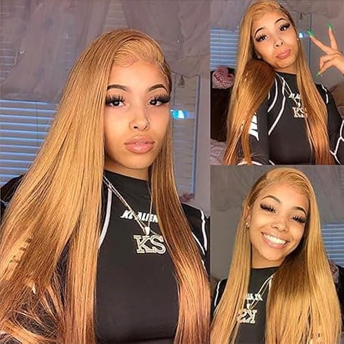 Creuost 34 Zoll Echthaar Perücke Straight 4X1 Swiss Spitze Lace Frontal Human Hair Wig haarspangen damen Unprocessed Brazilian Virgin Hair Pre Plucked With Natural Hairline #27 Honey Blonde thumbnail 2