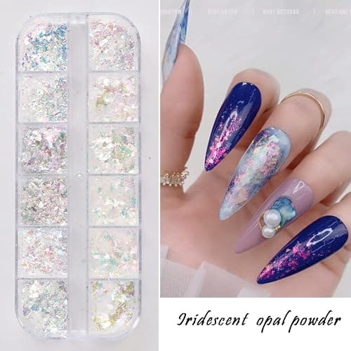 Holographic Iridescent Nail Art Nail Glitter KALEFUL Powder Aurora Foil Sequins Flakes Paillettes Designs Manicure Nail Decorations - 12 Grids thumbnail 2