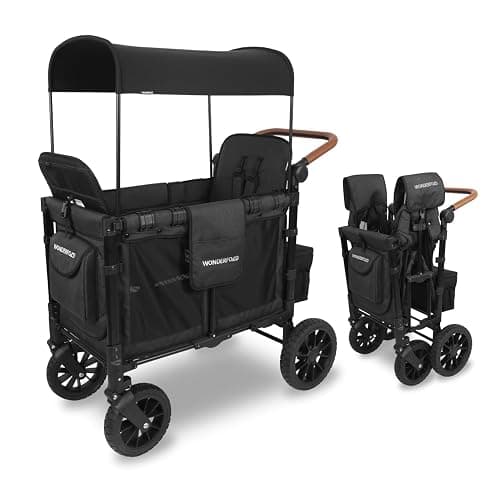 WONDERFOLD W2 Luxe Stroller Wagon (2 Seater) - Collapsible Wagon Stroller with Seats with Magnetic Buckle 5-Point Harnesses and Adjustable Sun Canopy, Volcanic Black - Image 1