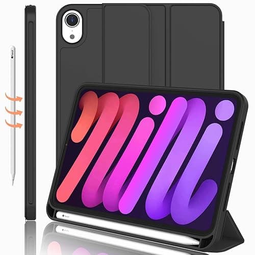 iMieet iPad mini 7 Case 2024 (A17 Pro), iPad mini 6 Case (8.3-Inch,2021 Model), iPad mini 7th/6th Generation Case with Pencil Holder, Trifold Stand Smart Case with Soft TPU Back,Black - Image 1