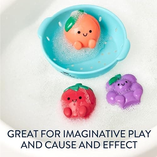 Itzy Ritzy Bath Squirter Toys – Set of 3 Textured, Fruit-Shaped Bath Toys & 1 Sprinkle Strainer – Itzy Splash Pals Promote Sensory Play, Cause & Effect, & Motor Skill Development – 6 Mos & Up (Fruit) thumbnail 6