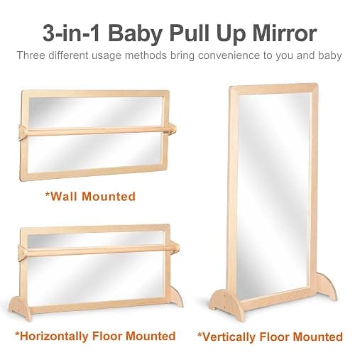 KRAND 3-Position Montessori Wood Frame Non-Shatter Safety Pull Up Bar Baby Big Mirror Set, Infant Coordination Mirror, Kids Classroom Furniture for Daycare, Homeschool or Preschool thumbnail 4