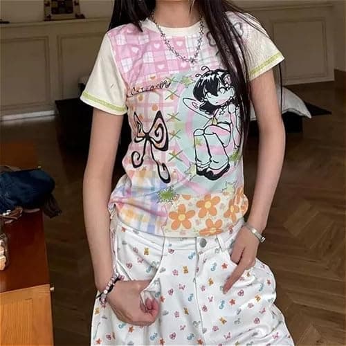 Anime Graphic Baby Tees Summer Harajuku Cute Short Sleeve Shirts Cutecore Kawaii Clothes Teen Girls 2000s Y2k Alt Tops thumbnail 2