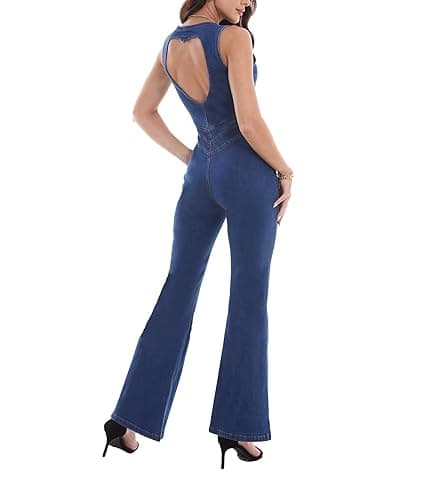 Sexyshine Women's Lapel V Neck Sleeveless Slim Fit One Piece Denim Jumpsuit Zipper Up Full Length Jeans Rompers Overalls - Large - Blue-1 - Image 1