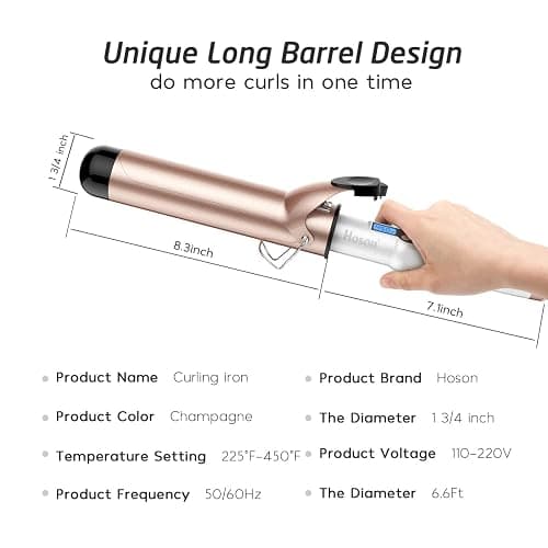Hoson 1 3/4 Inch Curling Iron Large Barrel, 1.75 Long Barrel Curling Wand Dual Voltage, Ceramic Tourmaline Coating with LCD Display, Glove Include thumbnail 5