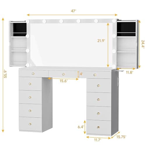 Likein Vanity Desk with Mirror and Lights, White Vanity with Hidden Jewelry Storage Cabinet, Charging Station, 11 Drawers Makeup Vanity with Lights, Crystal Knobs, 3 Color Lighting Modes for Girls thumbnail 2