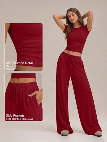 Trendy Queen Women's 2 Piece Matching Summer Lounge Set with Pockets | Vacation Airport Travel Outfits, Workout Gym Clothing Comfy Athleisure Clothes, Side-ruched Top, Drawstring Wide Leg Pants thumbnail 5