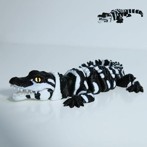 coonoe 3D Printed Articulated Crocodile - Opening Mouth and Glass Eyes - Flexible Joint Animal Models - Surprise Gifts for Fidget Enthusiasts - Made from PLA - Black and White - Image 1