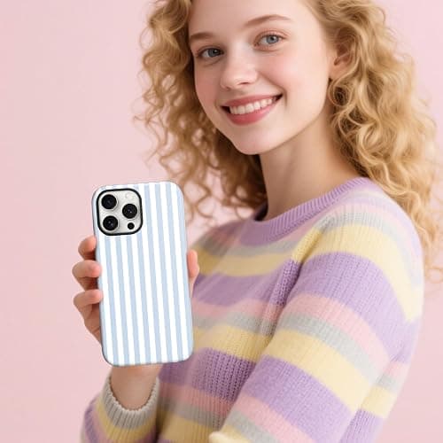 flewfun Magnetic for iPhone 15 Case Cute Stripes Phone Case, Shockproof Slim TPU and Hard PC Protective Phone Cover Compatible with MagSafe Designed for Women Girls, Blue and White thumbnail 7