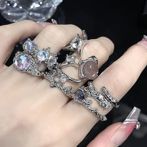 Pingyongchang H&Z Silver Y2K Jewelry Opal Moonstone Rings Grunge Natural Stone Kpop Rings Punk Coquette Stacking Rings Set for Women thumbnail 5