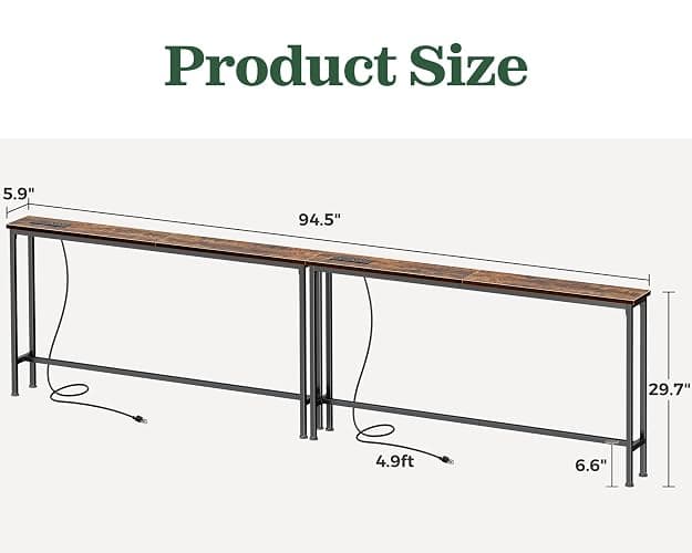 Behind Couch Table with Charging Stations | Power Outlet with USB-C Ports, Extra Storage Behind Sofa,Sofa Table Console Table for Entryway Living room, Rustic Brown thumbnail 3