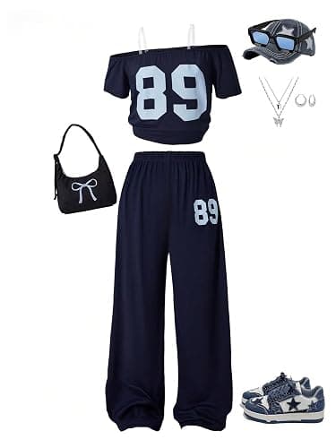 Verdusa Girl's 2 Piece Athletic Tracksuit Number Off The Shoulder Tops with Wide Leg Pants Set thumbnail 5