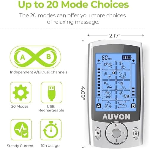 AUVON Dual Channel TENS Unit Muscle Stimulator Machine with 20 Modes, 2" and 2"x4" TENS Unit Electrode Pads thumbnail 4