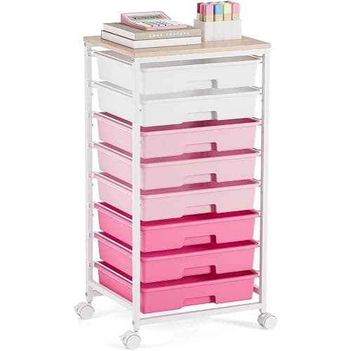 Rolling Cart with Drawers, Pink Cart with 8 Plastic Drawer Storage and Wooden Tabletop, Craft Storage, Teacher Cart, Storage Cart on Wheels, Rose Pink - Image 1