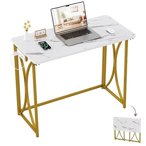 coeztt Folding Desk, 31.5" Small Desk for Bedroom with Power Outlet, Space Saving Foldable Computer Desk for Home Office, Easy Assembly, White and Gold - Image 1