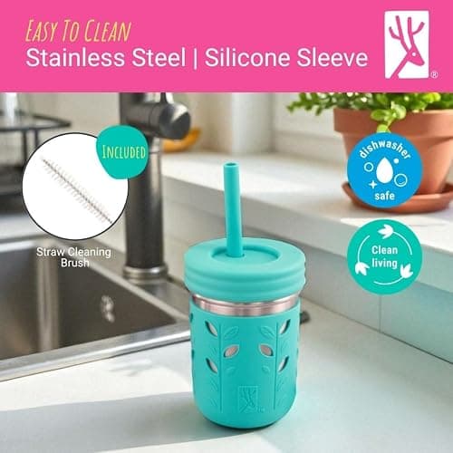 Elk and Friends Kids 10oz Stainless Steel Mason Jars + Sleeves + Lids | 4pk | Toddlers | Silicone Sleeves | Straws with Stoppers | Food Storage | Spill Resistant | Dishwasher Safe | Perfect for Smoothies thumbnail 6