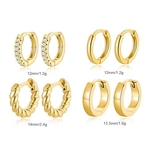 4 Pairs 14k Gold Hoop Earrings Set Twisted Glossy Zirconia Small Huggie Earrings For Multiple Piercing Cuff Cartilage Jewelry For Women Girls thumbnail 4