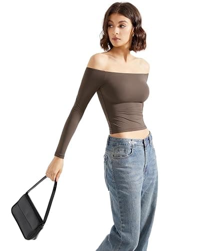 SUUKSESS Women Off Shoulder Double Lined Long Sleeve Shirts Basic Going Out Tops thumbnail 4