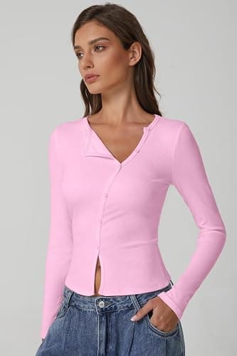 QINSEN Women's Long Sleeve Ribbed Crewneck Shirts Upper Button Fastening Going Out Tops thumbnail 2