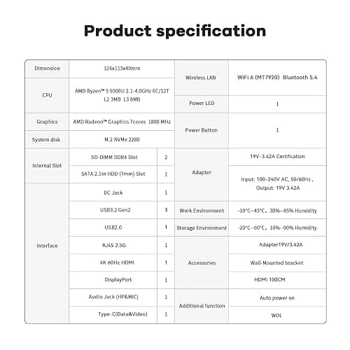 Beelink SER5 PRO Mini PC,AMD Ryzen 5 5500U (6C/12T,up to 4.0 GHz),Mini Computer with 16GB DDR4/480GB NVMe SSD,Support Triple Screen Display, WiFi6, BT5.4,Type-C, 2.5G LAN thumbnail 9