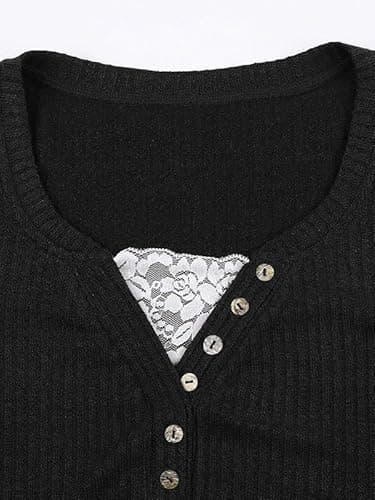 EMMIOL Lace Crop Button Up Shirts for Women Paneled Button Long Sleeve Knit Top Lightweight Slim Basic Knit Tunic Top Blouse thumbnail 4