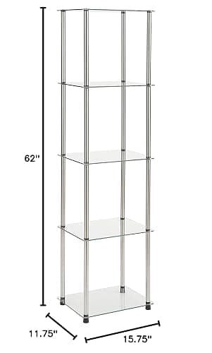 Convenience Concepts Designs2Go Classic Glass 5 Tier Tower 15.75" - Modern Media Storage Bookshelf for Living Room, Display Bookcase for Family Room, Bedroom, Bathroom, Office, Glass/Chrome thumbnail 3