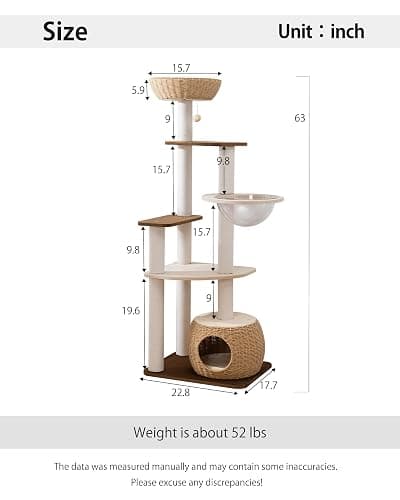PETTIFUL Modern Cat Tree for Large Cat, 57-Inch Tall Cat Tower with Scratching Post for Indoor Cats, Multi-Level Cat Condo with Hand-Woven Cat Bed and Acrylic Bowl (White 81007DD) thumbnail 11