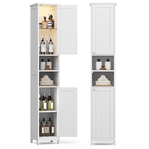 VASAGLE Tall Storage Cabinet with Lights, Slim Freestanding Cabinet with Adjustable Shelves, for Small Spaces, Bathroom, Living Room, Modern, 11.8 Inches Wide, Cloud White UBBC566W02 - Image 1
