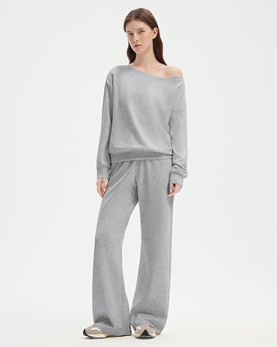 SUUKSESS Women 2 Piece Lounge Matching Set Off Shoulder Sweatshirt Wide Leg Sweatpant thumbnail 2