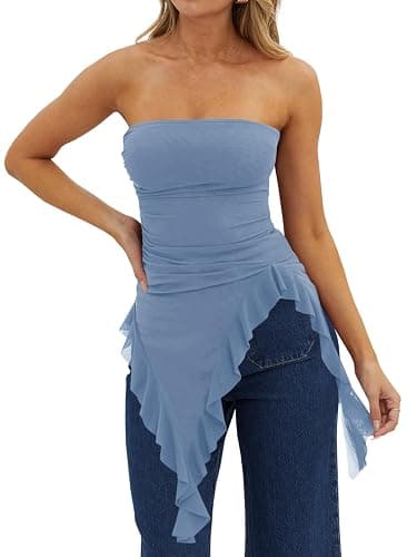 Womens Strapless Tube Tops Summer Asymmetrical Long Ruched Mesh Shirts Cute Y2k Ruffle Hem Going Out Bandeau Top - Image 1