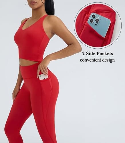 OMKAGI 2 Piece Workout Sets for Women Padded Workout Tops Booty Leggings with Pockets Gym Sets thumbnail 3