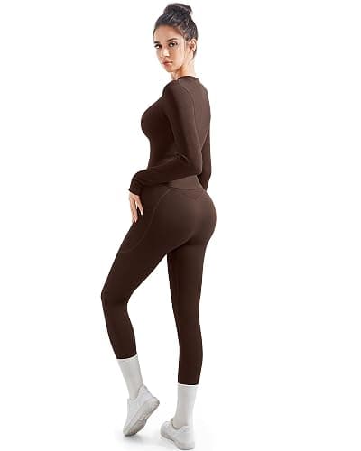 SUUKSESS Women 2 Piece Seamless Ribbed Workout Sets With Zip Up Jacket High Waisted Gym Yoga Leggings thumbnail 7