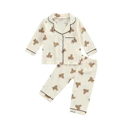 BULINGNA Kids Toddler Girl Boy Two Piece Pajamas Set Button Down Pajama Shirt Top Pants Shorts Bear Sleepwear Pjs Set - Image 1