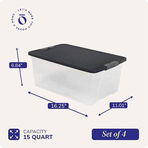 HOMZ 4-Pack Secure Latch, Clear Plastic Storage Organizer Bins, 15 Quart, Gray Lid - Stackable Container Boxes for Bedroom, Bathroom, Garage, and Office Organization thumbnail 2