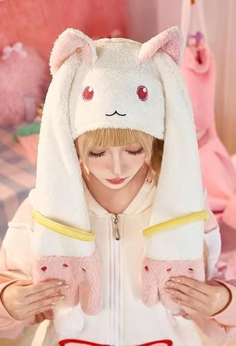 Micotaku Plush Hat Puella Magi Madoka Magica Kyubey Adorable Cosplay Accessory Pink and White thumbnail 8