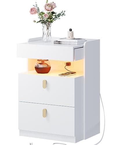 WLIVE White Nighstand with Charging Station and LED Lights, Night Stand with Sliding Top, Modern Bedside Table with 2 Drawers, End Tables for Bedroom, Living Room, White thumbnail 8